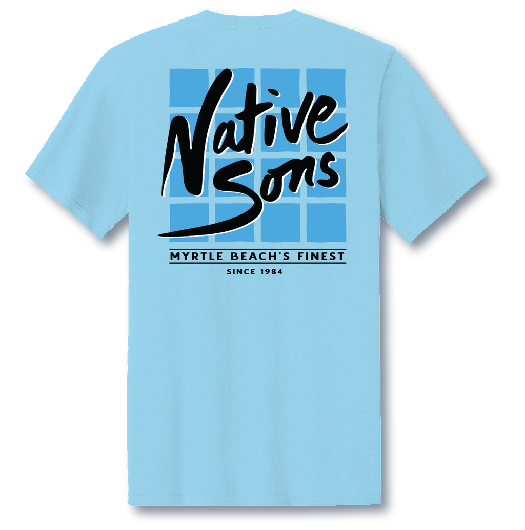 Native Sons light blue t-shirt featuring a square grid graphic with black script logo and Myrtle Beach text on back