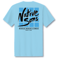 Native Sons light blue t-shirt featuring a square grid graphic with black script logo and Myrtle Beach text on back
