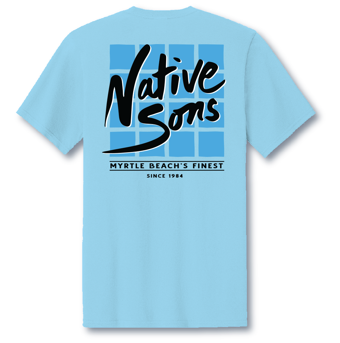 Native Sons light blue t-shirt featuring a square grid graphic with black script logo and Myrtle Beach text on back