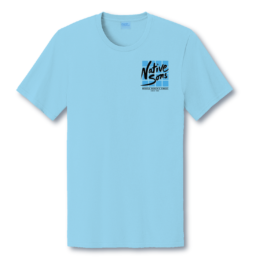 Native Sons light blue crew neck t-shirt featuring a small square logo graphic on the left chest
